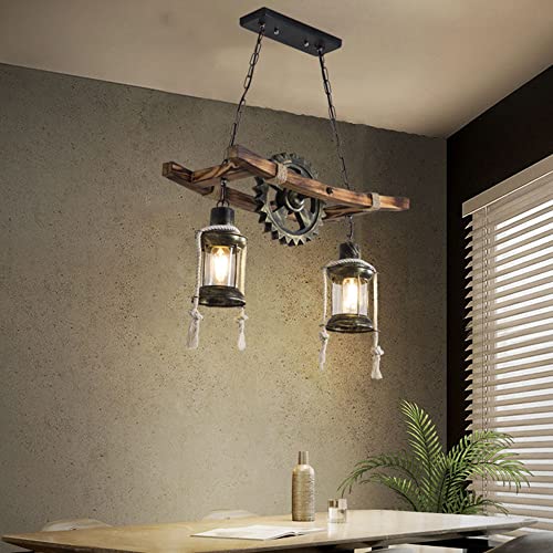 Suspension LED en verre et chêne rustique réglable pour table à manger