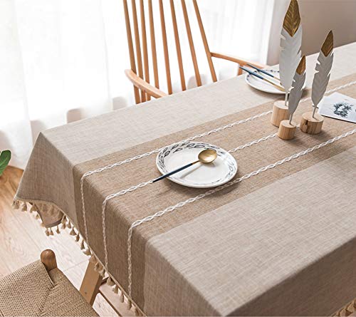 Beige Nappe Rectangulaire 110x170cm Coton et Lin Nappe de Jardin Pompon Décoration Imperméable Nappe Anti Tache Nappe Cuisine Picnic Partie - Faite à la Main Cover