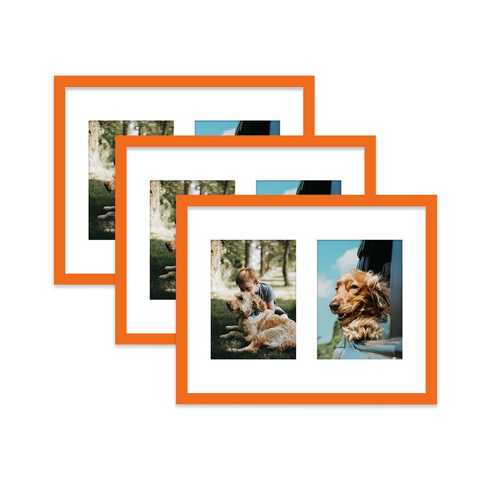 Orange Multi Photo Frame - Holds 2 x 7x5 Pictures, Family Collage Picture Frame for Wall Display, 14x11 Frame size, Set of 3