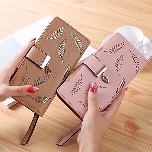 OSALADI Bolsa feminina de couro longa com folhas vazadas elegante carteira clutch fivela clutch bols