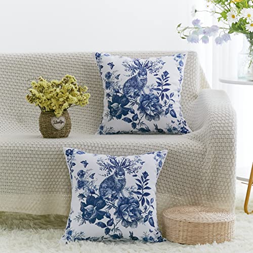 Blue And White Porcelain Pillow Covers Set Of 2 Floral Chinoiserie Rabbit Pattern Farmhouse Decorative French Country Style Cushion Pillowcases For Bedroom Living Room Sofa, 18X18 Inch #TOP2
