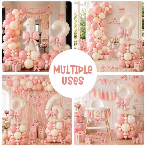 Image of 40 Inch Pink Beige Number 2 Balloon Tower with Bow 2nd Birthday Decorations