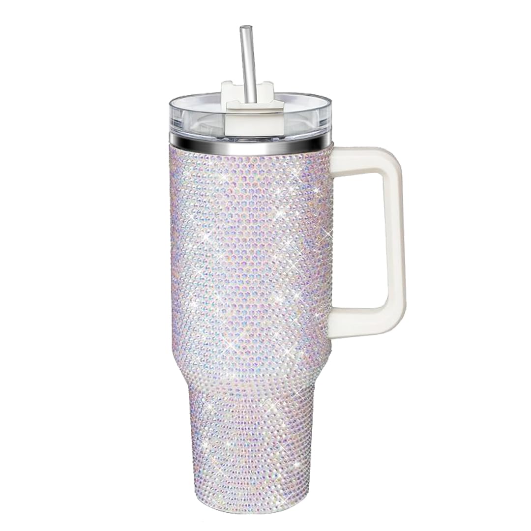 Photo 1 of HWISDMIG 40oz Tumbler with Handle-Glitter Rhinestones Tumbler Bling Cups Stainless Steel Water Bottle Diamond Studded Tumbler for Women-Birthday Gifts for Women, Mom, Wife, Girlfriend (40 oz, White)