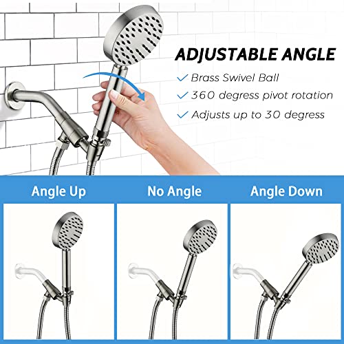 Solid Metal Brushed Nickel Handheld Shower Head With Extra Long Stainless Steel Hose & Brass Holder ,Equipped With Flow Valve To Control Water Pressure, Hotel Quality #TOP2