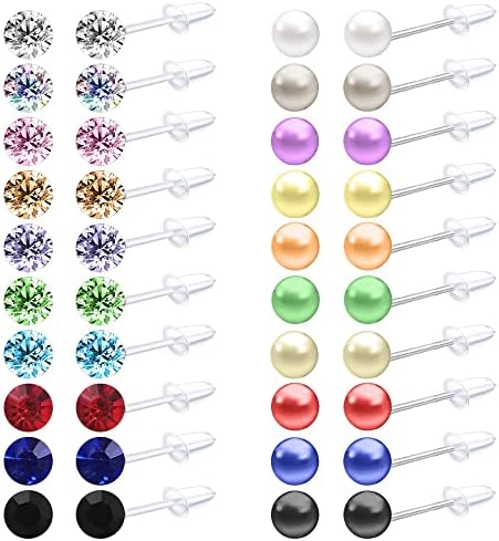 Cubic Zirconia Earrings Plastic Post Earrings for Women Pearl Earrings Set Plastic Stud Earrings Plastic Earrings for Sensitive Ears (Mixcolor 4mm)