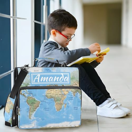 Image of Custom 3 Ring Zipper Binder World Map Blaue Personalized Name 1.5 inch Binders Large Capacity Multi Pockets for School Office Supplies