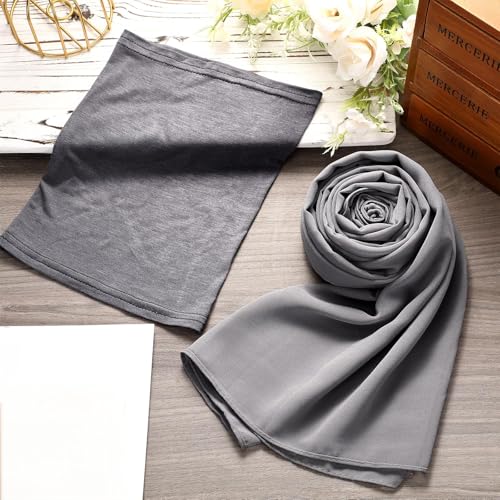 Bunnycool Hijab Scarf for Women Instant Hijab Scarves and Undercap Set, Chiffon Muslim Head Scarf Islamic Solid Long Shawl(Gray)
