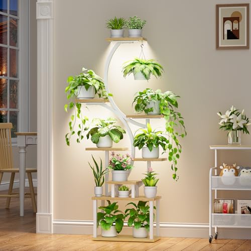 Image of Plant Stand with Grow Lights for Indoor Plants, 8-Tiered Tall Corner Plant Shelf with Full Spectrum Light, S-Shaped Space-Saving Narrow Flower Holder, Anti-Tip for Living Room Bedroom Office, Natural