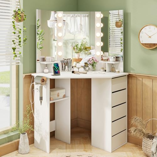 CHARMAID Corner Vanity Desk with Mirror and Lights White Makeup Vanity Table with 5 Drawers Storage Shelves Charging Station 3 Lighting Modes Compact Vanity Dressing Table for Small Space