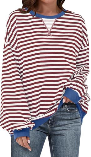 Image of UEU Women Oversized Striped Crewneck Sweatshirt Long Sleeve Color Block Pullover Tops Casual Loose Workout Shirt