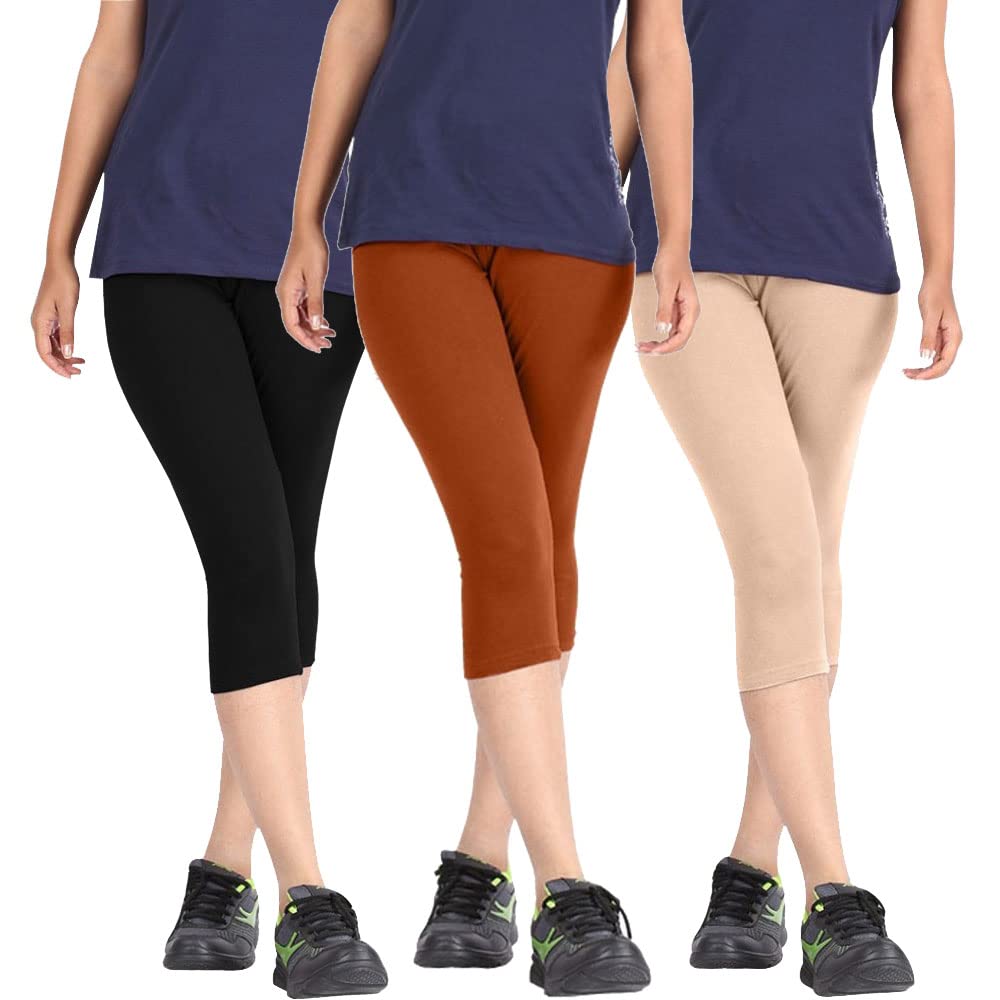 pixie fashion Biowashed Cotton Stretchable Capri Legging Combo Pack of 3 for Women/Girls/Ladies (Black, Brown and Beige) - Free Size-picture-54