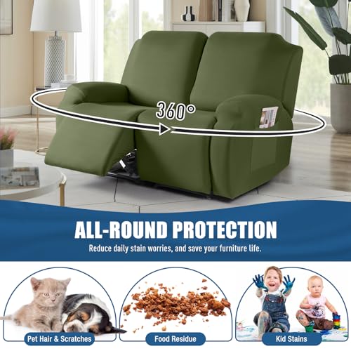 Image of TAOCOCO Recliner Loveseat Slipcover, 2 Pieces Polyester Fabric Stretch Sofa Covers for 2 Seat Reclining Couch, Soft Washable Furniture Protector with Pockets (2 Seat, Olive Green)