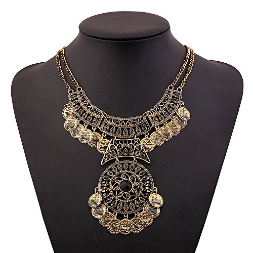 Kenfery Bohemian Retro Gothic Black Gemstone Carving Geometric Boho Statement Necklace Jewelry for Women (Retro Gold)2