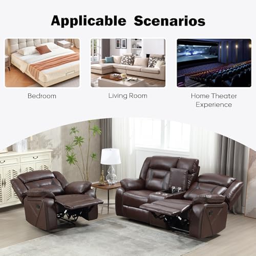 Image of EBELLO Manual Recliner Sofa Set, Faux Leather Reclining Living Room Furniture Set, Included Single Recliner Chair and Manual Loveseat Sofa, Dark Brown