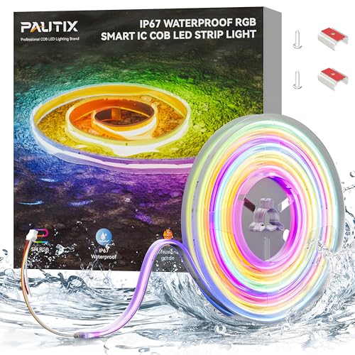 PAUTIX IP67 Waterproof RGB Smart IC COB LED Strip Light Chasing Color RGB COB LED Lights UL-Listed Addressable 24V Multicolor 16.4ft for Outdoor Indoor Lighting Projects(Without Controller&Adapter)