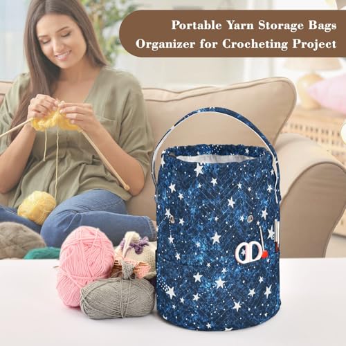 Image of Tatenale Crochet Bag Yarn Bag Knitting Project Bag with Pockets and Handle Portable Yarn Storage Organizer Tangle Free 8.3x11 InchDark Blue Star33