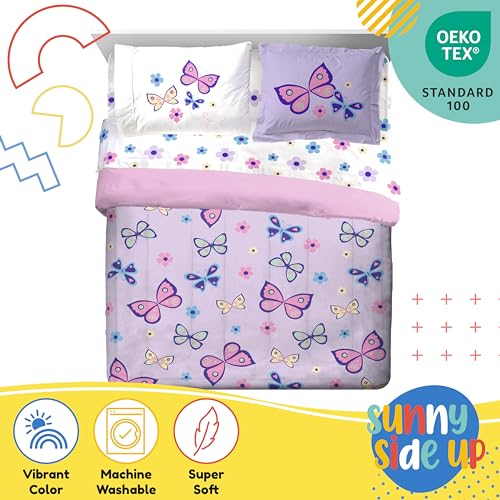 Image of Sunny Side Up Butterfly Full Comforter Set - 7 Piece Kids Bedding Includes Comforter, Sheets & Pillow Cover - Super Soft Purple Floral Microfiber Bed Set