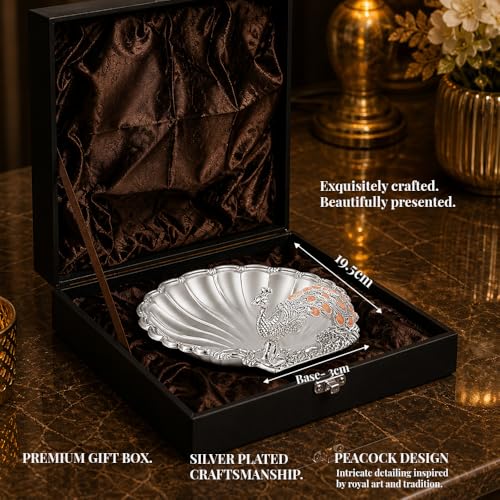 Image of Diviniti German Silver Peacock Decorative Tray for Home Decor | Luxury Dry Fruit & Sweet Serving Platter with Orange Enamel Peacock Design | Premium Decorative Gift Hamper Plate with Elegant Gift Box