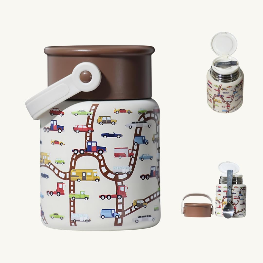 TOM & BELL Insulated food jars for Kids 500ml,Double Wall Lunch boxes for School, Portable, foldable spoon, Premium 316 Stainless Steel, Hot and cold lunch box jar (Brown Lunch Box, 500ml)