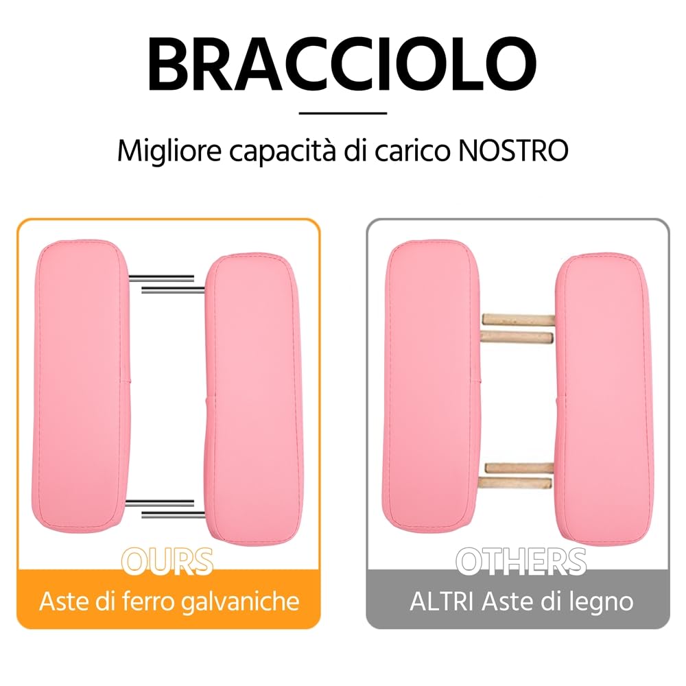 Yaheetech Lettino da Massaggio Portatile a 3 Zone Pieghevole in Legno Faggio 213 x 57 cm Altezza Regolabile con Poggiatesta Rosa