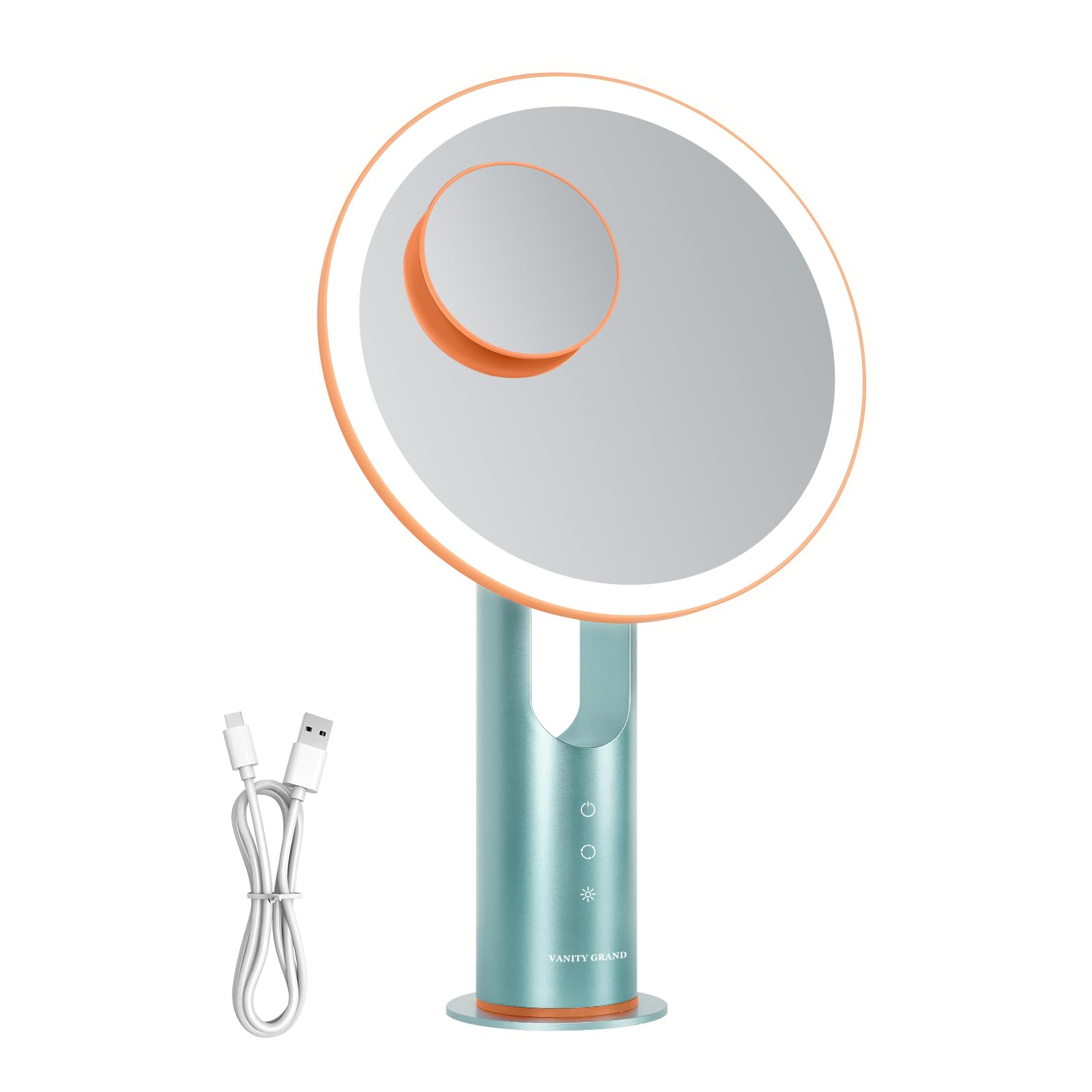 VANITY GRAND Vanity Mirror with Lights for Makeup, USB-C Rechargeable 3 Colour Light Makeup Mirror with 5X Magnetic Magnification, Dressing Table Mirror Teenage Girl Gifts (Orange Teal)