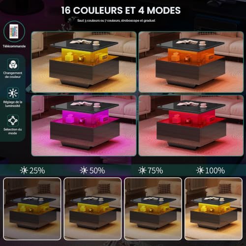 Table basse relevable LED à surface haut brillant et double tiroir de rangement YITAHOME