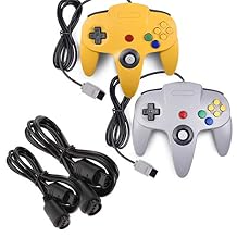 miadore 2 Pack Classic N64 Controllers Yellow/Gray Bundle with 2 Pack 6FT N64 Controller Extension Cable