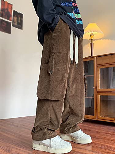 Floerns Men's Casual Corduroy Pants Drawstring Waist Straight Leg Cargo Pants Brown S #TOP4