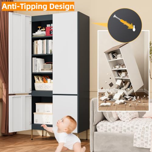 Image of 71 inch Metal Storage Cabinet with Doors, Tall Pantry Cabinet,Gray | 4 Magnetic Doors, Adjustable Shelves, Freestanding Storage Cabinets for Kitchen, Living Room, Bathroom, Office,Dining