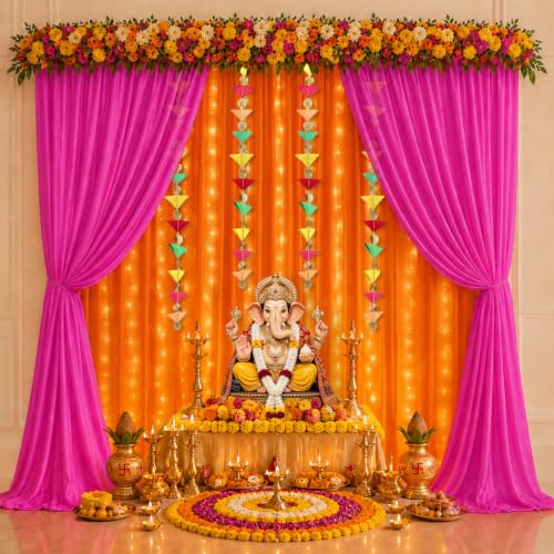 Image of Party Propz Pink Orange Ganpati Decoration Setup for Home - 12Pcs Ganpati Backdrop Decoration with Hanging & Lights, Varamahalakshmi Decorative Items, Janmashtami, Pooja Backdrop Cloth, Haldi Decor
