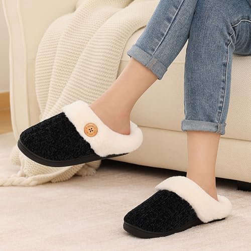 Image of Evshine Warm Knit House Slippers for Women Comfy Wool-Like Lined Chenille Slippers with Memory Foam and Indoor Outdoor Soles
