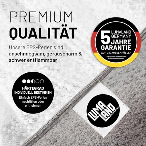Lumaland Sitzsack Comfort Line | Indoor Beanbag 70x80x50cm mit mehr als 1 Mio. anpassbaren EPS-Perlen | Weiches & Komfortables Bodenkissen | Sessel für Kinder & Erwachsene | 120 L Volumen [Hellgrau]