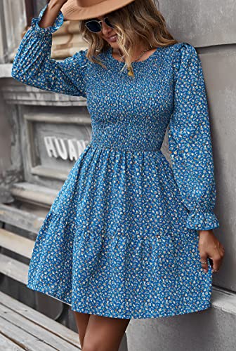 Image of KIRUNDO Long Sleeve Dress for Women 2025 Summer Fall Wedding Guest Smocked Floral Crewneck Ruffle A Line Flowy Mini Dress