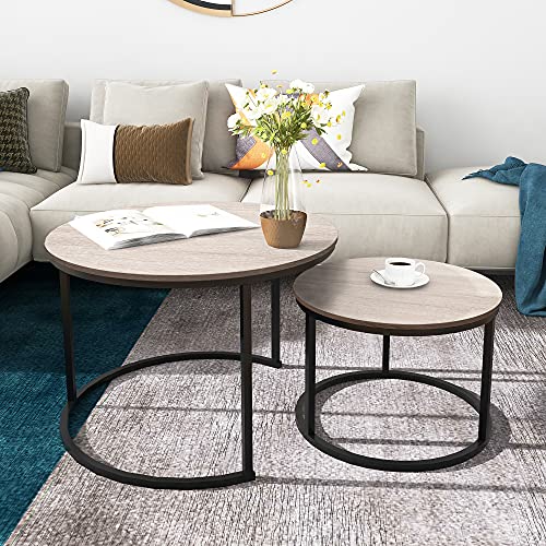 Round Nesting Coffee Table Modern Nesting Side Set of 2 End Table for Living Room Balcony Garden, etc,Round Wooden Accent Coffee Table with Solid Powder-Coated Metal Frame Black/White OAK 21 Round Nesting Coffee Table Modern Nesting Side Set of 2 End Table for Living Room Balcony Garden, etc,Round Wooden Accent Coffee Table with Solid Powder-Coated Metal Frame Black/White OAK