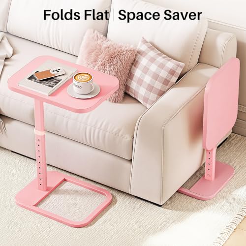 Image of Kitstorack Upgraded TV Tray Table with Panel Lock, 90 Flip-Over Design & Adjustable Height, Sofa Arm Side Table for Eating, Laptop, Couch, Bed, or Small Spaces, Pink