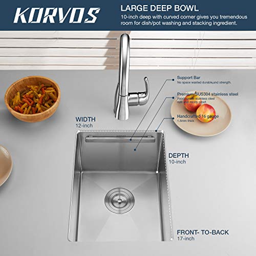 Korvos Bar Sink, Kitchen Sink 14’’X19’’ Workstation Ledge, Handmade 16 Gauge Sus304 Stainless Steel Undermount Single Bowl Kitchen Sink With Bamboo Cutting Board #TOP2