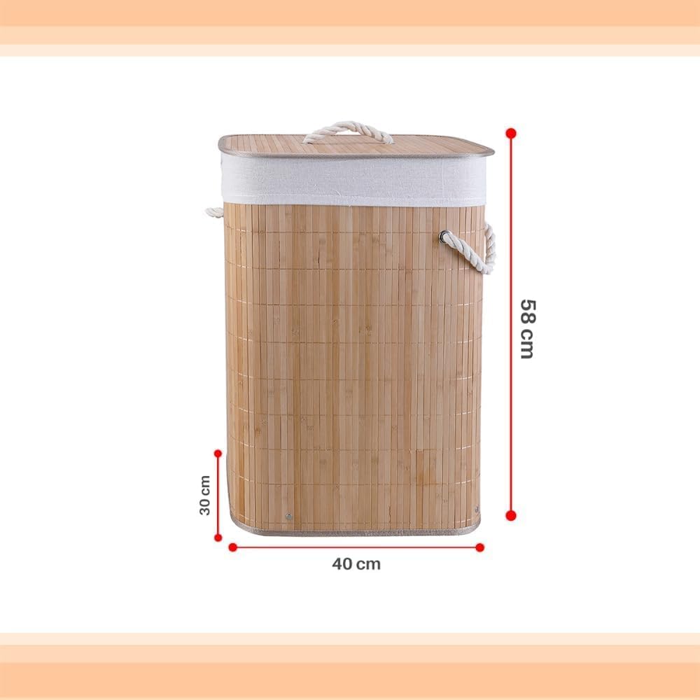 Cesto de Bambu Roupa Suja 72L com Tampa e Forro Removível Alças de Corda Natural para Lavanderia Banheiro e Quarto