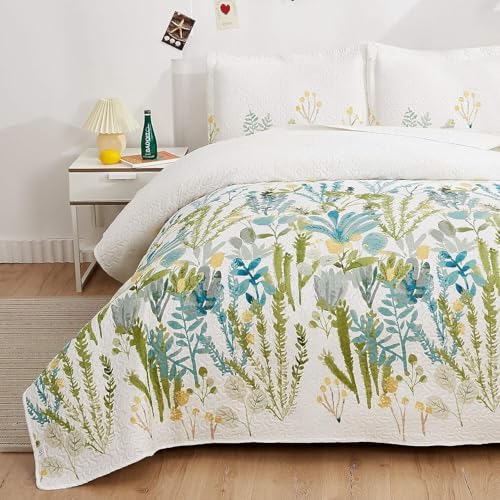 Green White Floral Quilt Set King Size Botanical Bedspread Breathable Flower Plant Coverlet Set Garden Quilts Bed Cover Leaves Bedding with 2 Standard Random Pillow Shams
