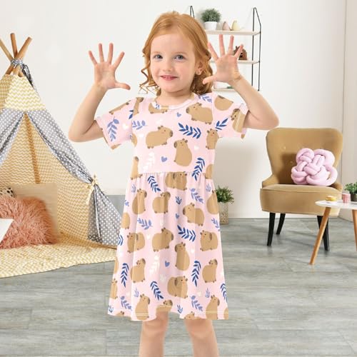 Cute Capybara Simple Flower Pattern Summer Girls Short Sleeve Dress Casual Dresses Beach Sundress for 2-8 Years4
