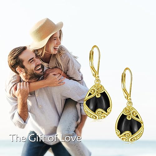 Black Onyx Drop Earrings for Women - Sterling Silver 18K Yellow Gold Plated Filigree Dangle Leverback Jewelry Gifts 6
