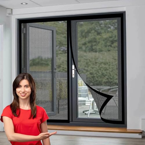 Cortina Mosquitera Puerta Exterior 108 x 109 cm Junta Magnética de Arriba a Abajo, sin Taladrar, Transpirables Mosquiteras de Ventanas para Dormitorio Sala de Puerta, Negro