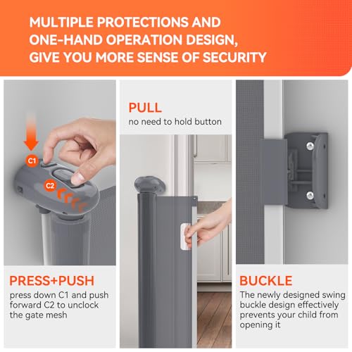Muaket Treppenschutzgitter/Türschutzgitter Ausziehbare 0-140CM, Treppengitter für Babys und Haustiere Kinderschutzgitter, Einhändiges Öffnen, Kindergitter babygitter tür für Treppen, Türen, Grau