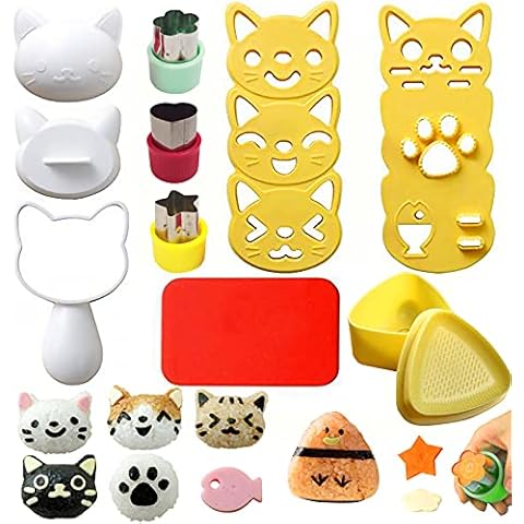 Cute Cat Rice Ball Molds 6 Sets Sushi Molds Bento Accessories Kits with 3PCS Vegetable Fruit Cutter Shapes and 1PC Gimbap Mold Triangle for Nori Rice Making DIY Bento Box Picnic Tools Cover