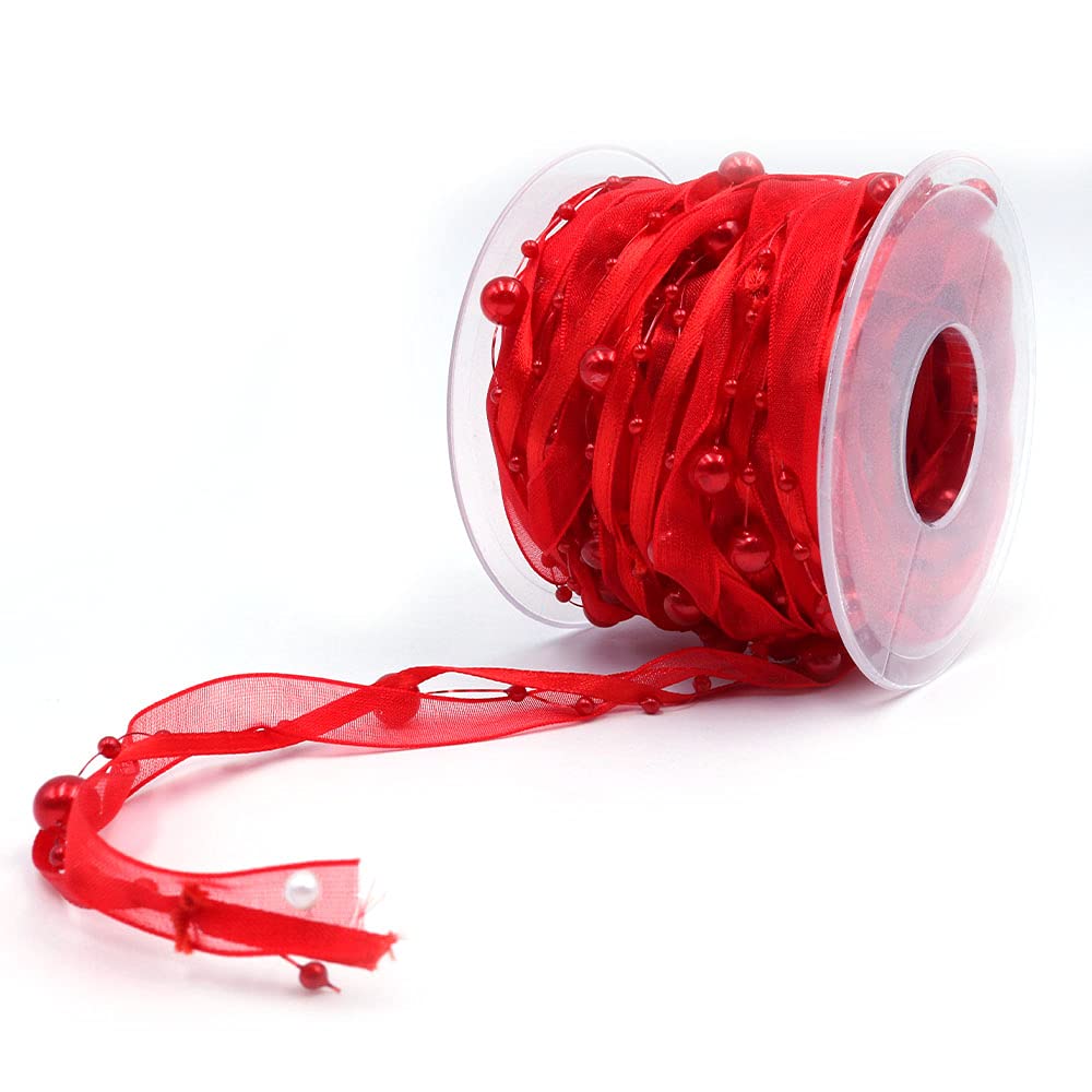 Ancllo Red 10M Artificial Bead Ribbon Chiffon Ribbon And Organza Lace Ribbon Trims (Red)