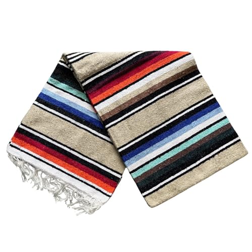 Open Road Goods Authentic Mexican Serape Blanket – 100% Cotton Falsa Throw - Multi-Color Handmade Blanket/Classic Striped Falsa Beach Blanket (Tan/Beige)