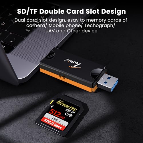 Image of Techie 2 in 1 USB A and USB C Card Reader with SD and Micro SD Slots, Fast Data Transfer, Plug and Play for Laptop, MacBook, iPad Pro, Tablet, Camera, Black Orange