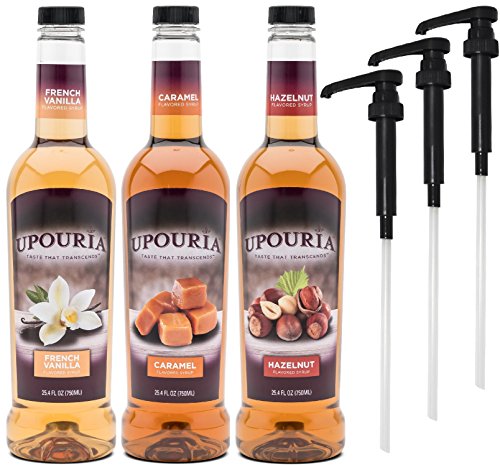 Upouria French Vanilla, Caramel & Hazelnut Flavored Syrup, 100% Vegan and Gluten-Free, 750ml bottles - Set of 3 - Pumps included