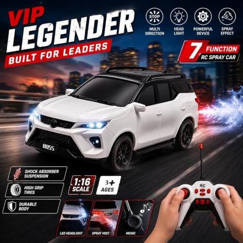Image of Galaxy Hi-Tech Fortuner Legender Remote Control SUV Toy Car for Kids Rechargeable RC Smoke Car with LED Lights Music USB Charging 2.4GHz Controller, Durable Off-Road Vehicle Gift for Boys & Girls
