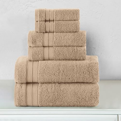 Image of Elegant Comfort Luxury 6-Piece Towel Set, Premium Soft 100% Turkish Cotton, Three Line Popcorn Design 2 Bath Towels, 2 Hand Towels and 2 Washcloths Towel Set - Quick-Drying and Absorbent, Tan