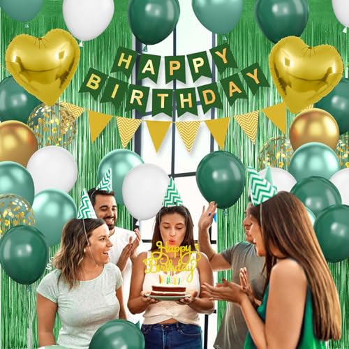 Image of Green Birthday Decorations, Emerald Green Gold Birthday Balloons Set